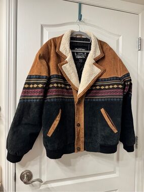 Leather Suede Two Toned Sherpa-Lined Bomber Jacket in Black & Brown